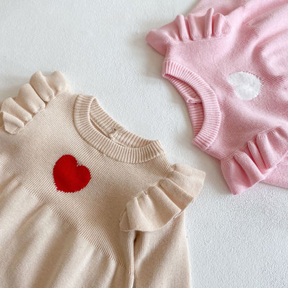 Baby Girl 1pcs Heart Embroidered Pattern Ruffle Long Sleeve Knit Onesies My Kids-USA