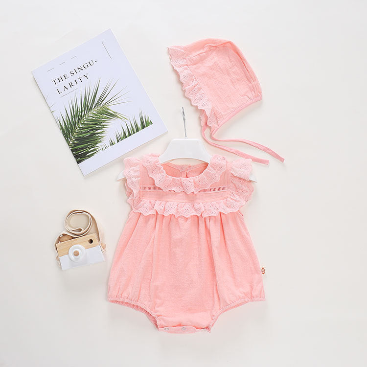 Baby Girl Hollow Pattern Lace Lace Design Sleeveless Lovely Out Solid Color Onesies With Hat My Kids-USA