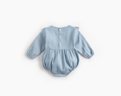 Baby Girl Solid Color Ruffle Design Denim Long Sleeved Bodysuit Onesies My Kids-USA