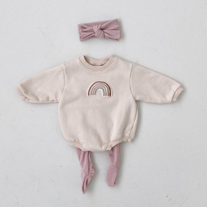 Baby 1pcs Rainbow Embroidery Pattern Solid Color Long Sleeves Soft Bodysuit My Kids-USA