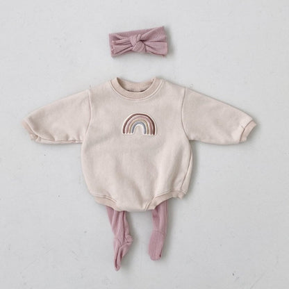 Baby 1pcs Rainbow Embroidery Pattern Solid Color Long Sleeves Soft Bodysuit My Kids-USA