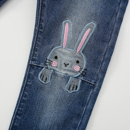 Baby Girl Bunny Embroidered Graphic Wash Blue Elastic Waist Jean Pants My Kids-USA