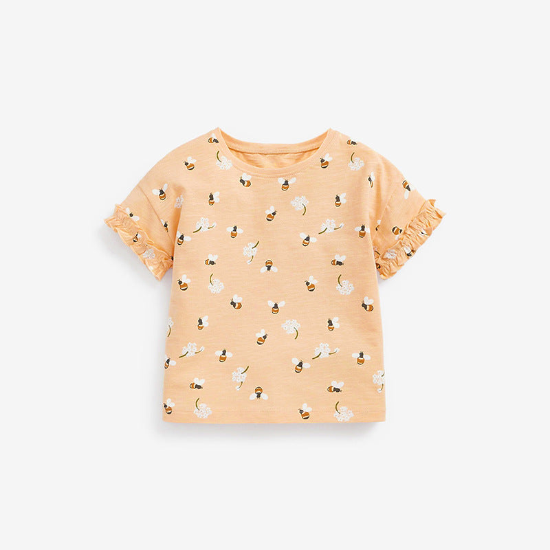 Camiseta de verano de algodón con cuello redondo y manga corta con gráfico de dibujos animados para bebé niña 