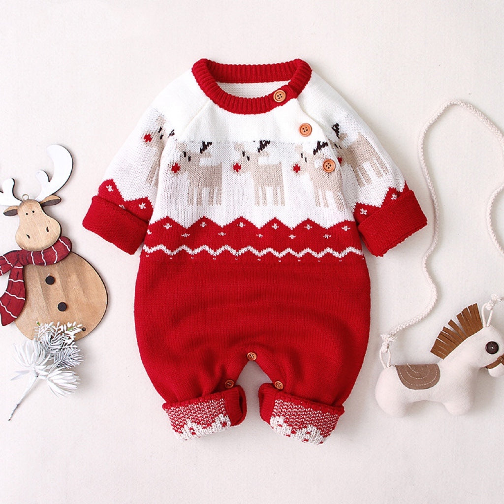 Baby Christmas Giraffe Pattern Shoulder Button Design Sweater Rompers My Kids-USA