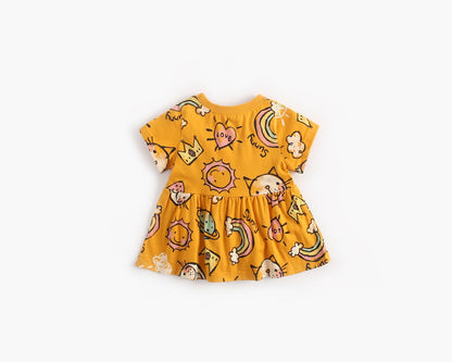 Baby Girls Cartoon Print Short-Sleeved O-Neck Dress In Summer