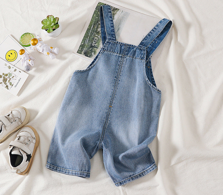 Baby Boy Embroidered Print Washed Blue Denim Short Overalls With Pocket My Kids-USA