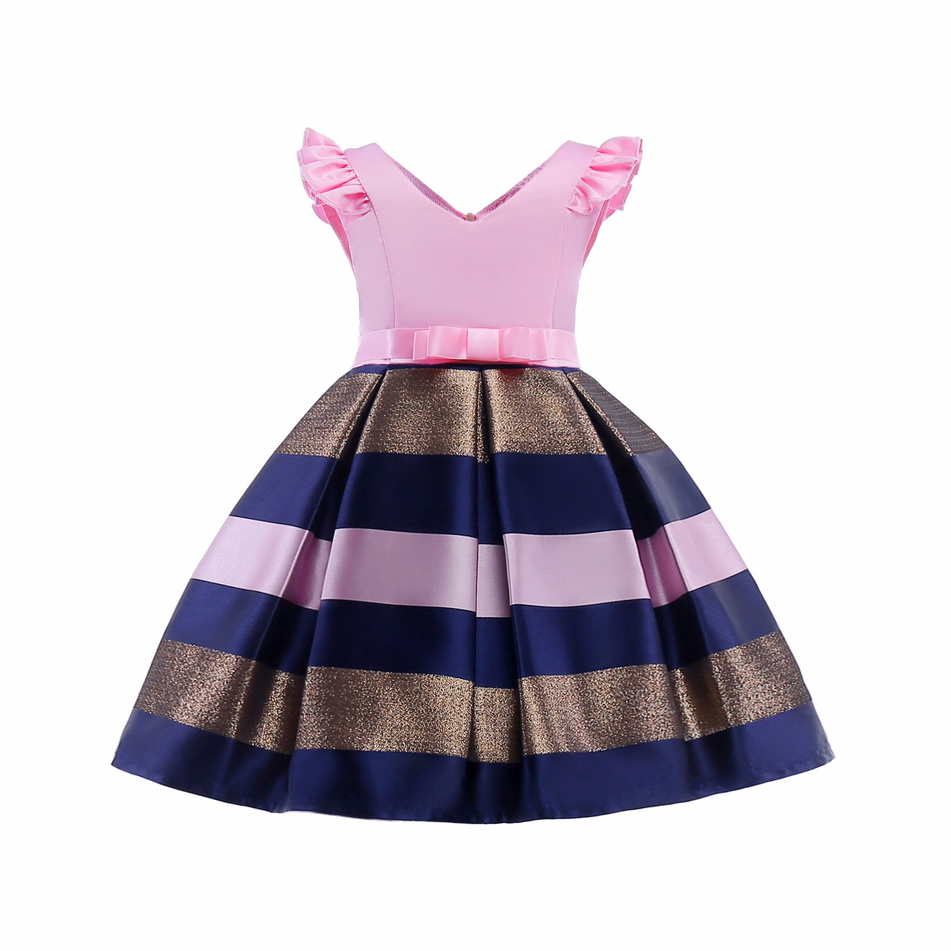 Baby Girl Striped Pattern V-Neck Western Style Formal Dress MyKids-USA Baby Girl Striped Pattern V-Neck Western Style Formal Dress MyKids-USA