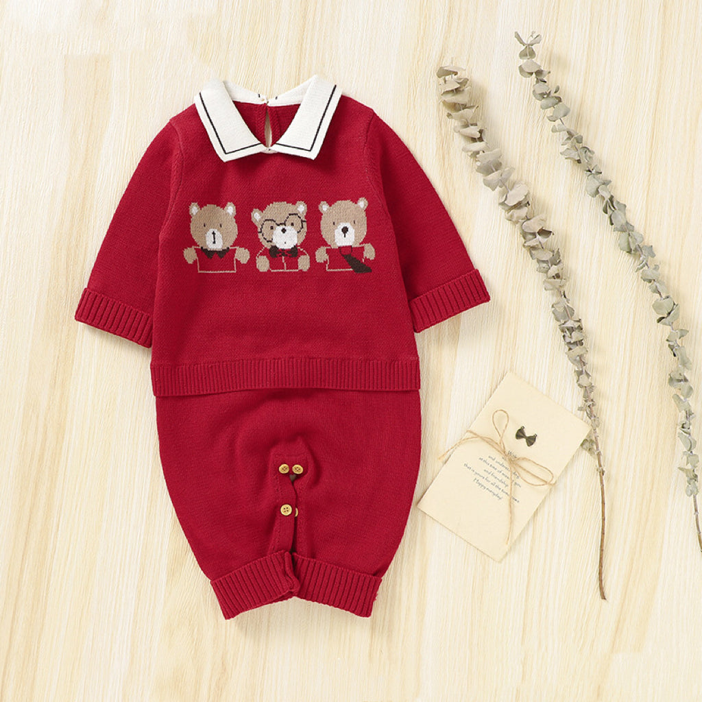Baby Cartoon Bear Pattern Lapel Design Knitted Romper My Kids-USA