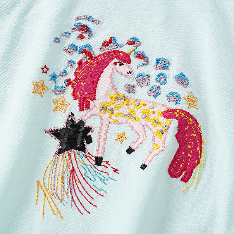 Baby Girl Unicorn Embroidered Design O-Neck Shirt