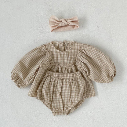Conjuntos de 3 piezas de blusas sueltas con patrón de tela escocesa para niña bebé con diadema de pantalones cortos 