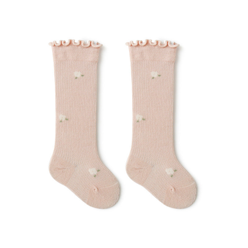 Baby Girl Solid Color Floral Embroidered Pattern Breathable Knee Socks