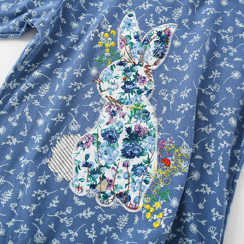 Baby Girl Floral Pattern Bunny Embroidered Design Loose Cotton Hoodie
