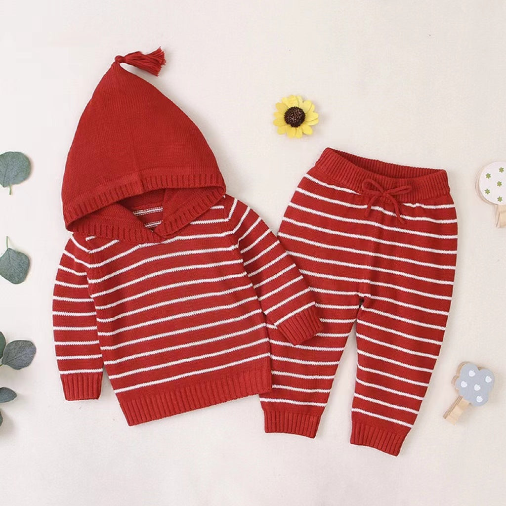 Baby 1pcs Striped Pattern Knitted Hoodie With Hat & Pants Warm Sets My Kids-USA