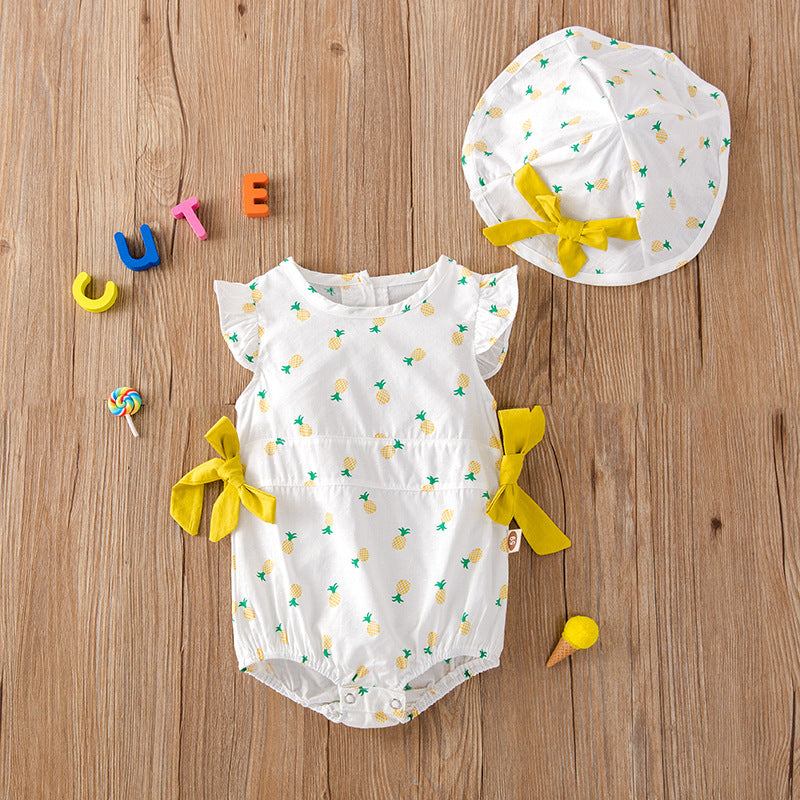 Baby Girl Fruit Print Drawstring Design Round Neck Onesies, MyKids-USA®, Baby & Toddler Outerwear, MyKids-USA - Size/Age - 59 (0-3M) - Color - Yellow -  -  - JM2204232336-A