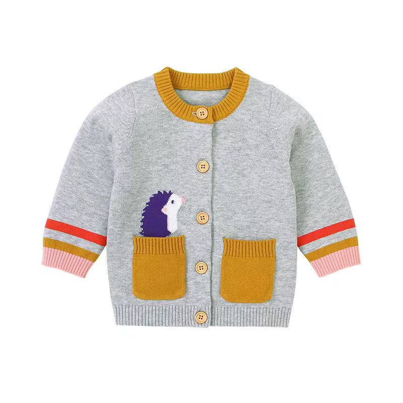 Baby Cartoon Animal Embroidery Constrat Design Button Front Knitted Coat Cardigan My Kids-USA