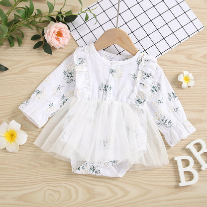 Baby Girl 1pcs Allover Grass Embroidered Graphic Mesh Overlay Dress Longsleeve Onesies My Kids-USA