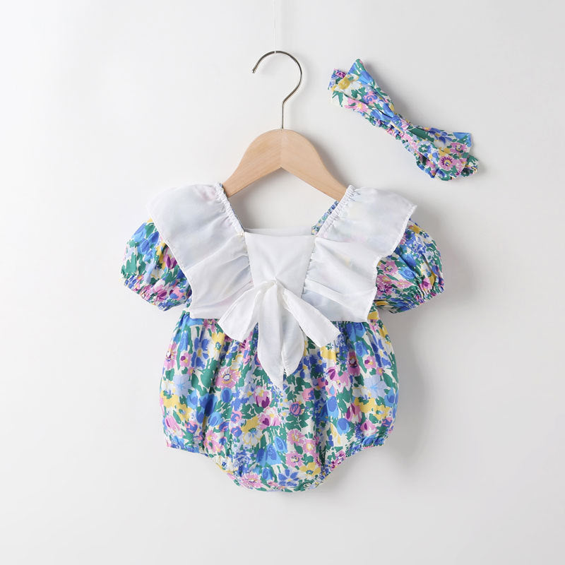Baby Girl Floral Pattern White Bow Patchwork Square Neck Short Sleeve Onesies My Kids-USA