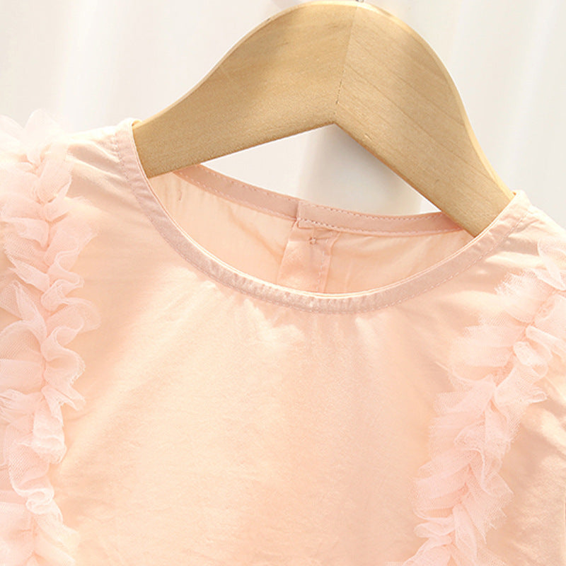 Baby Girl Solid Color Mesh Overlay Design Long Sleeves Dress My Kids-USA