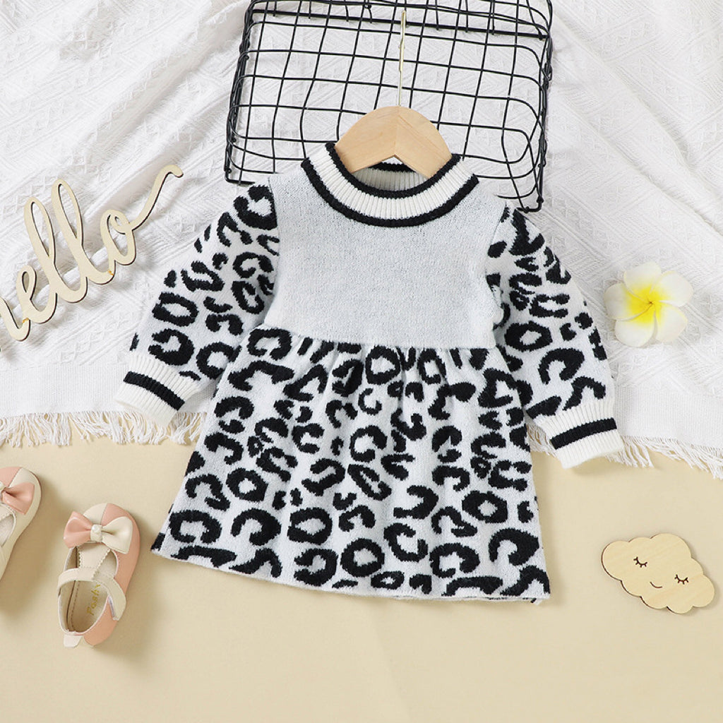 Baby Girl Leopard Print Pattern Long Sleeve Knit Dress My Kids-USA