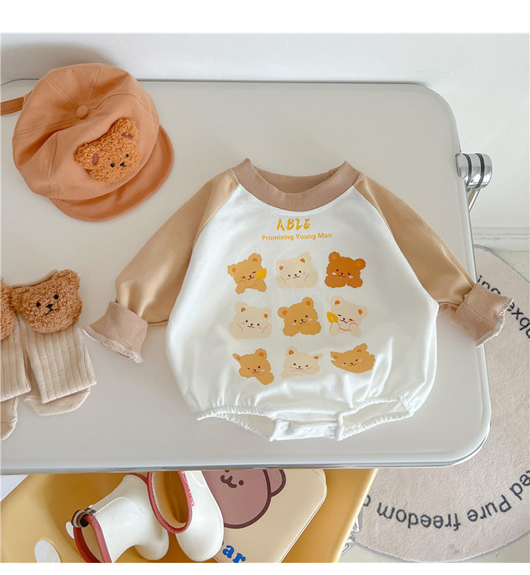 Baby Cartoon Bear Pattern Color block Design Cotton Onesies My Kids-USA
