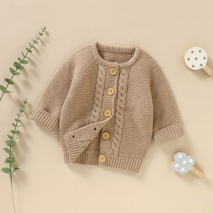 Baby Solid Color Long Sleeve Handmade Knitted Cardigan, MyKids-USA®, Baby & Toddler Outerwear, MyKids-USA - Size/Age - 59 (0-3M) - Color - Khaki -  -  - JM2210072125-C