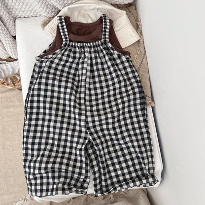 Baby Girl Plaid Pattern Sleeveless Strap Rompers In Spring My Kids-USA