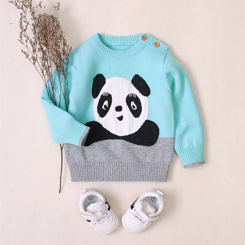 Baby Cartoon Panda Embroidered Pattern Contrast Design Cute Sweater My Kids-USA