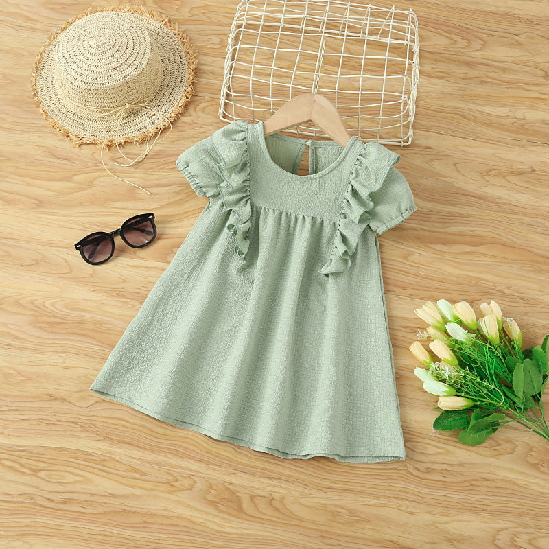 Vestido de verano de estilo simple con diseño de volantes de color sólido para bebé 