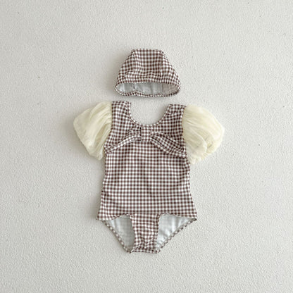 Baby Girl Plaid Pattern Mesh Sleeves Patchwork Swimwear With Hats