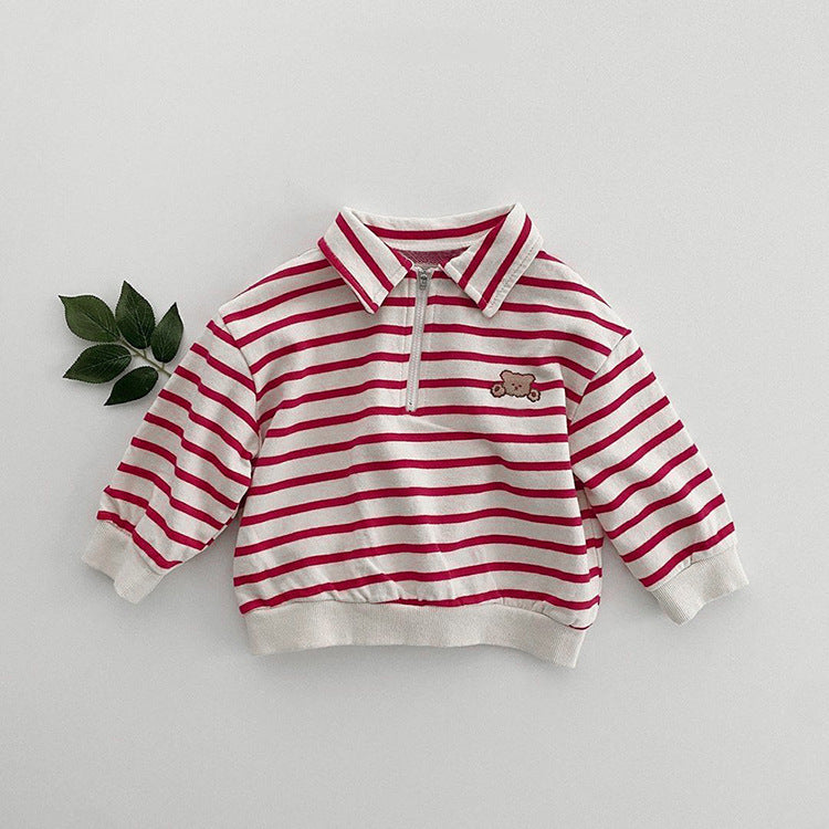 Baby Cute Bear Embroidered & Striped Pattern Polo Neck Cotton Hoodies My Kids-USA