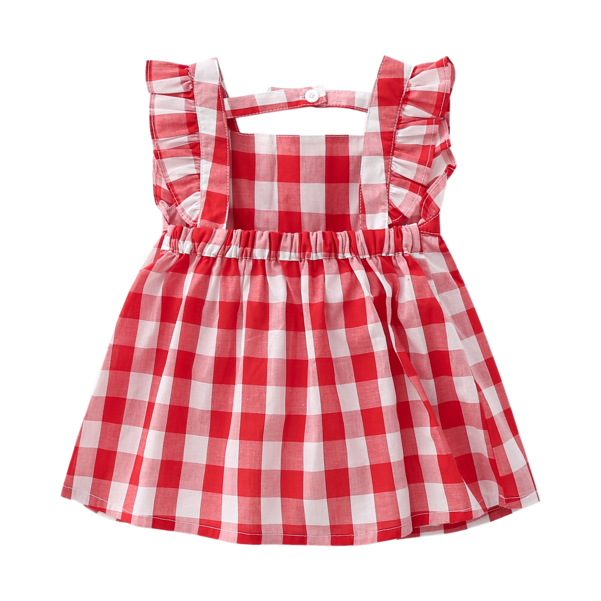 Baby Girls Plaid Print Lace Design Square Collar Sleeveless Dress With Bow Hat In Summer My Kids-USA