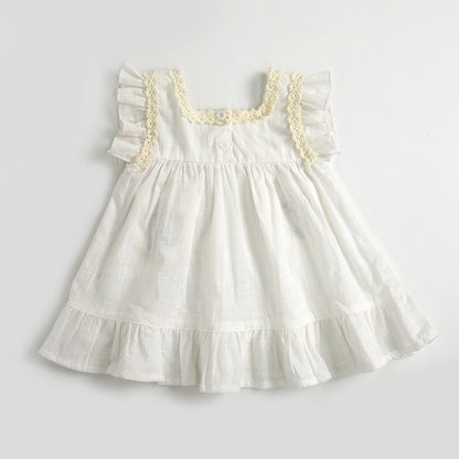 Baby Girls Floral Embroidery Lace Patchwork Square Collar Puff Sleeves Dress In Summer My Kids-USA