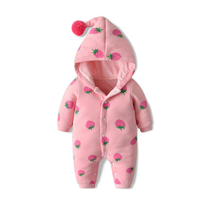 Baby Girl Strawberries Pattern Button Front Double Quilted Romper With Hat My Kids-USA