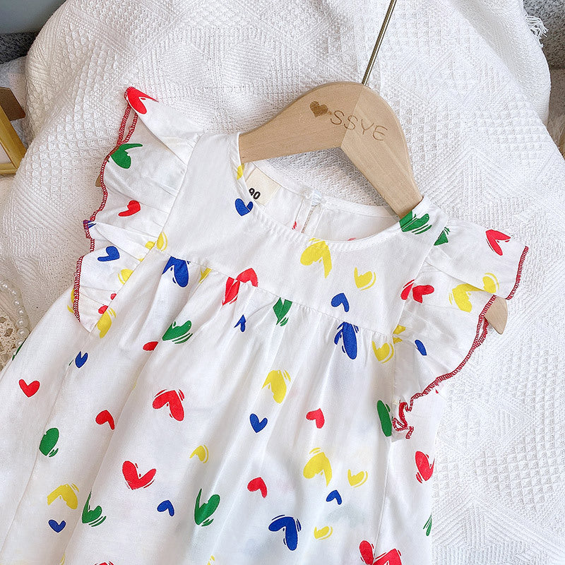 Baby Girl Heart Print Pattern Ruffle Design Sleeveless Dress