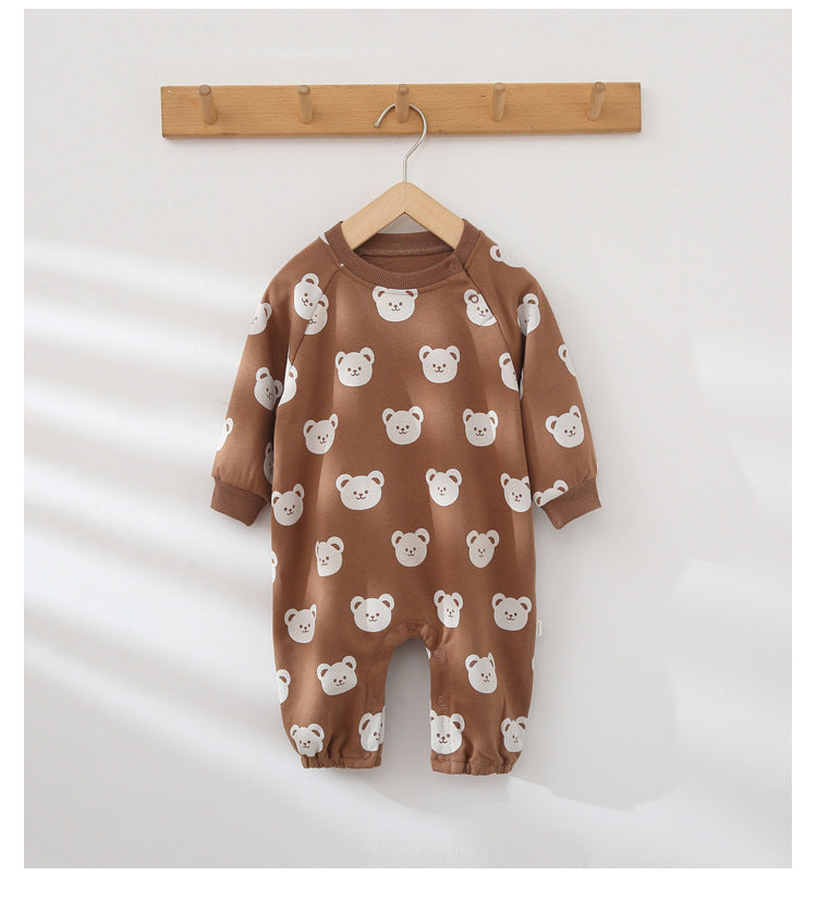 Kids Bear Print Pattern Concealed Buckle Design Round Collar Mid-Sleeved Soft Rompers My Kids-USA