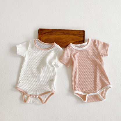Baby Boy And Girl Solid Color Neck Color Matching Design Short Sleeve Onesies