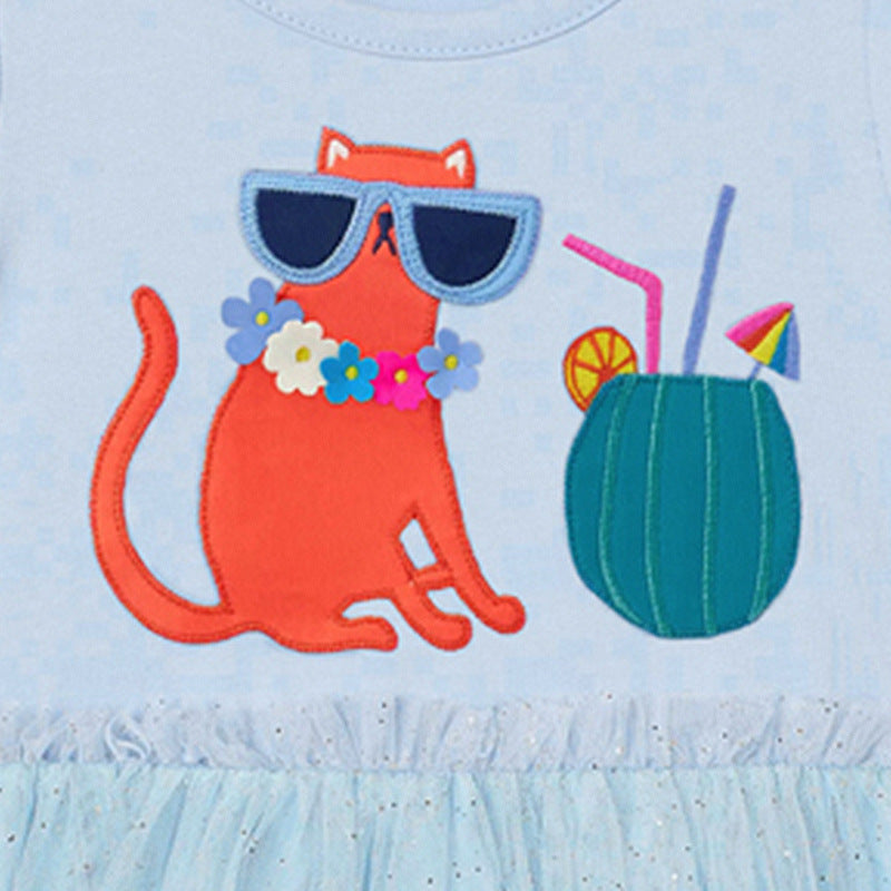 Baby Girl Cartoon Animal Graphic Mesh Overlay Design Puff Sleeve Dress My Kids-USA