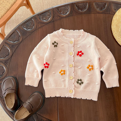 Baby Girl Flower Embroidered Graphic Single Breasted Design Knit Cardigan My Kids-USA