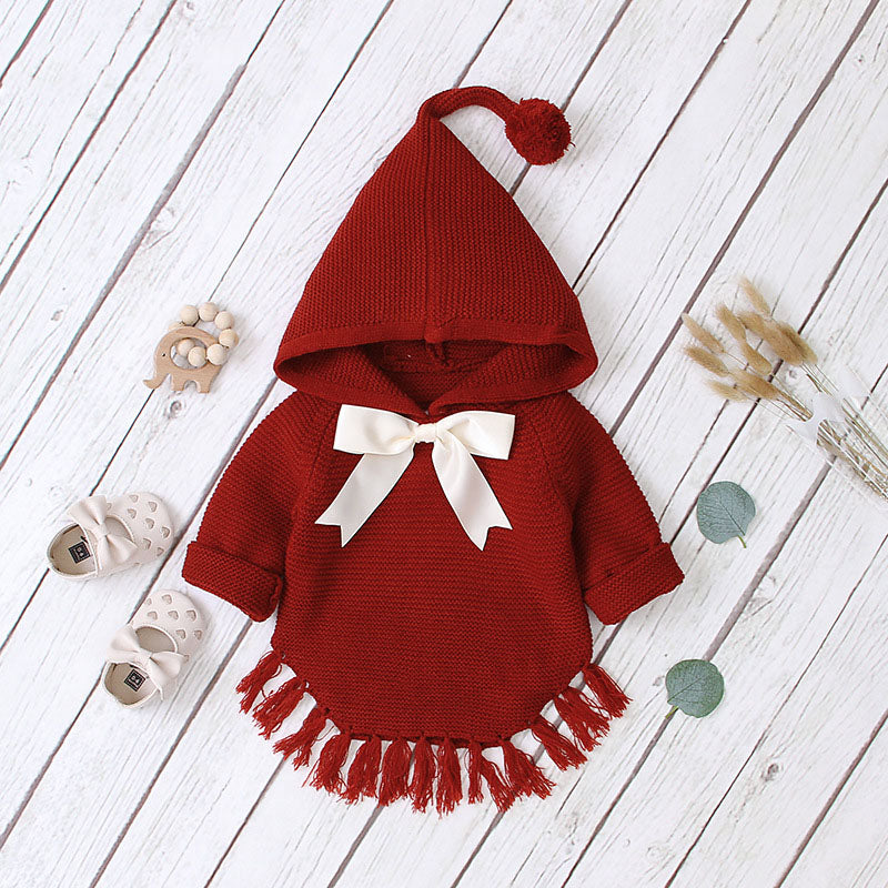 Baby Girl 1pcs Solid Color Big Bow Tie Patched Design Shawl Kniited Hoodies With Hat My Kids-USA