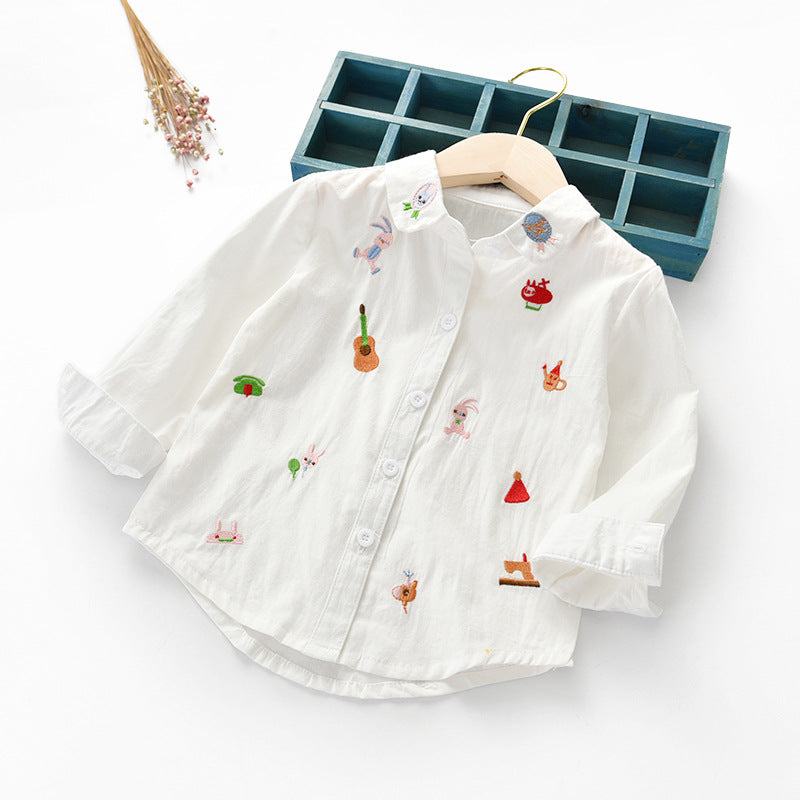 Baby Girl Embroidered Graphic Single Breasted Korean Style Long Sleeves Lapel Shirt My Kids-USA
