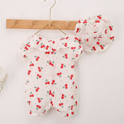 Baby Girl Cherry Print Doll Collar Design Single Breasted Puff-Sleeved Rompers My Kids-USA
