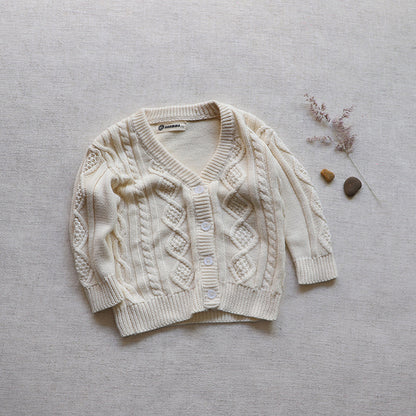 Baby Crochet Kint Pattern Solid Color V-Neck Single Breasted Cardigan