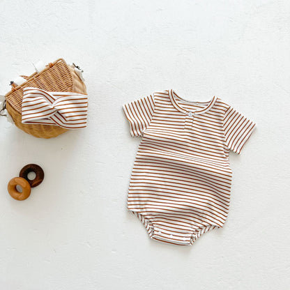 Baby Girls Round Collar Short-Sleeved Stripped Onesies