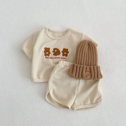 Baby Bear Embroidered Pattern Waffle Fabric T-Shirt Combo Shorts Sets