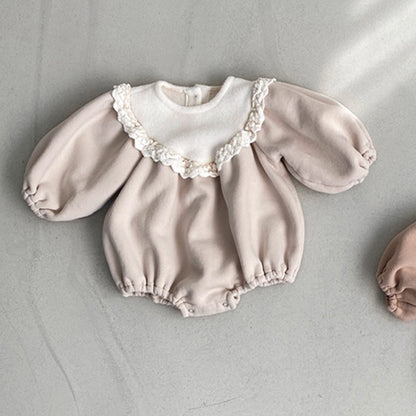 Baby Girl Solid Color Lace Collar Design Fleece Soft Onesies