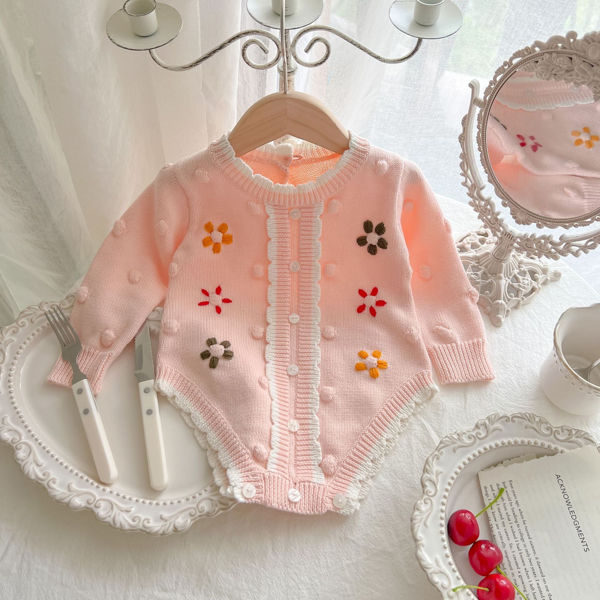 Baby Girl Flower Embroidered Pattern Button Front Design Knit Bodysuit My Kids-USA