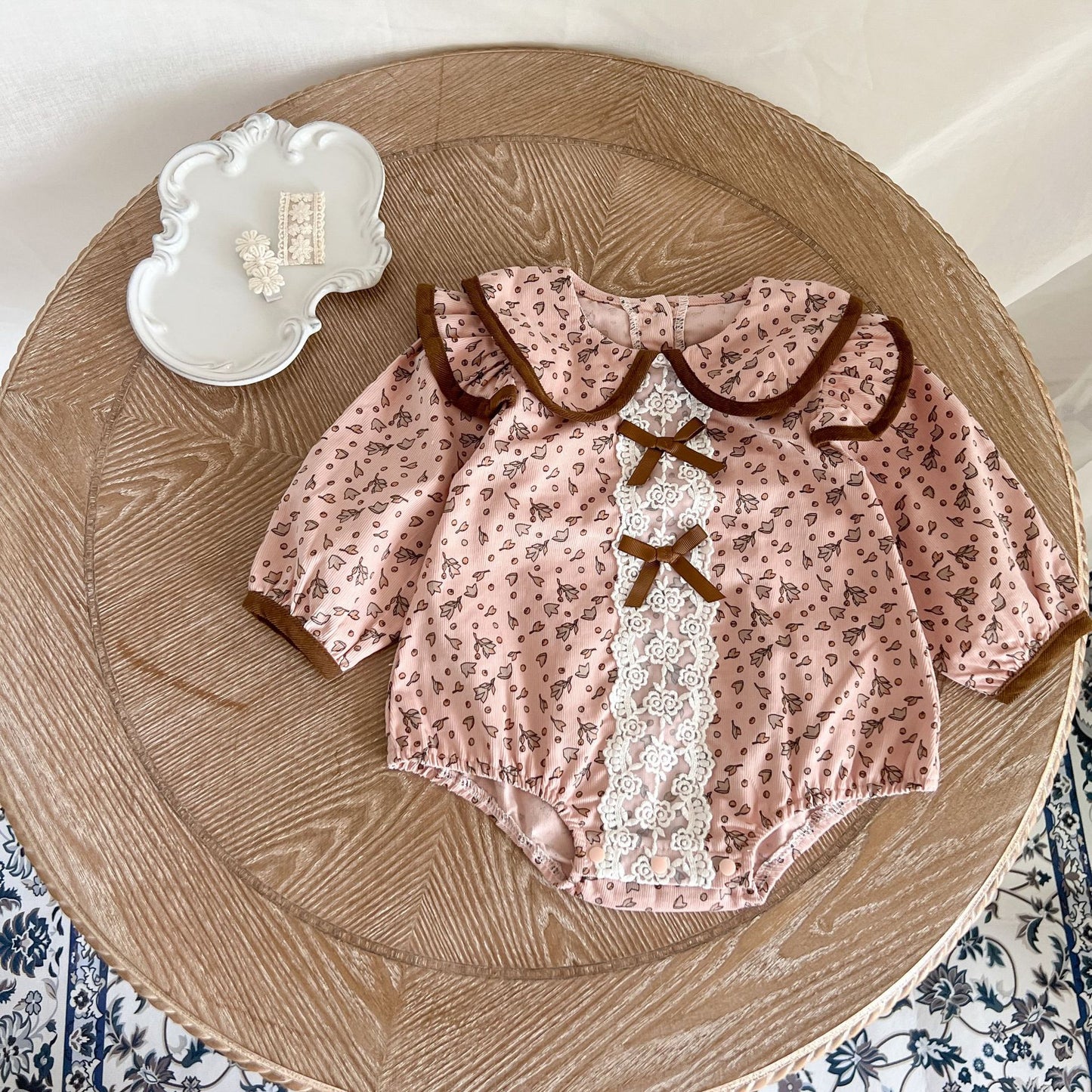 Baby Girl 1pcs Flower Pattern Bow Mesh Patches Design Bodysuit My Kids-USA