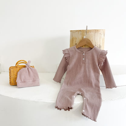 Baby Girl Solid Pit Bar Long Romper With Hat