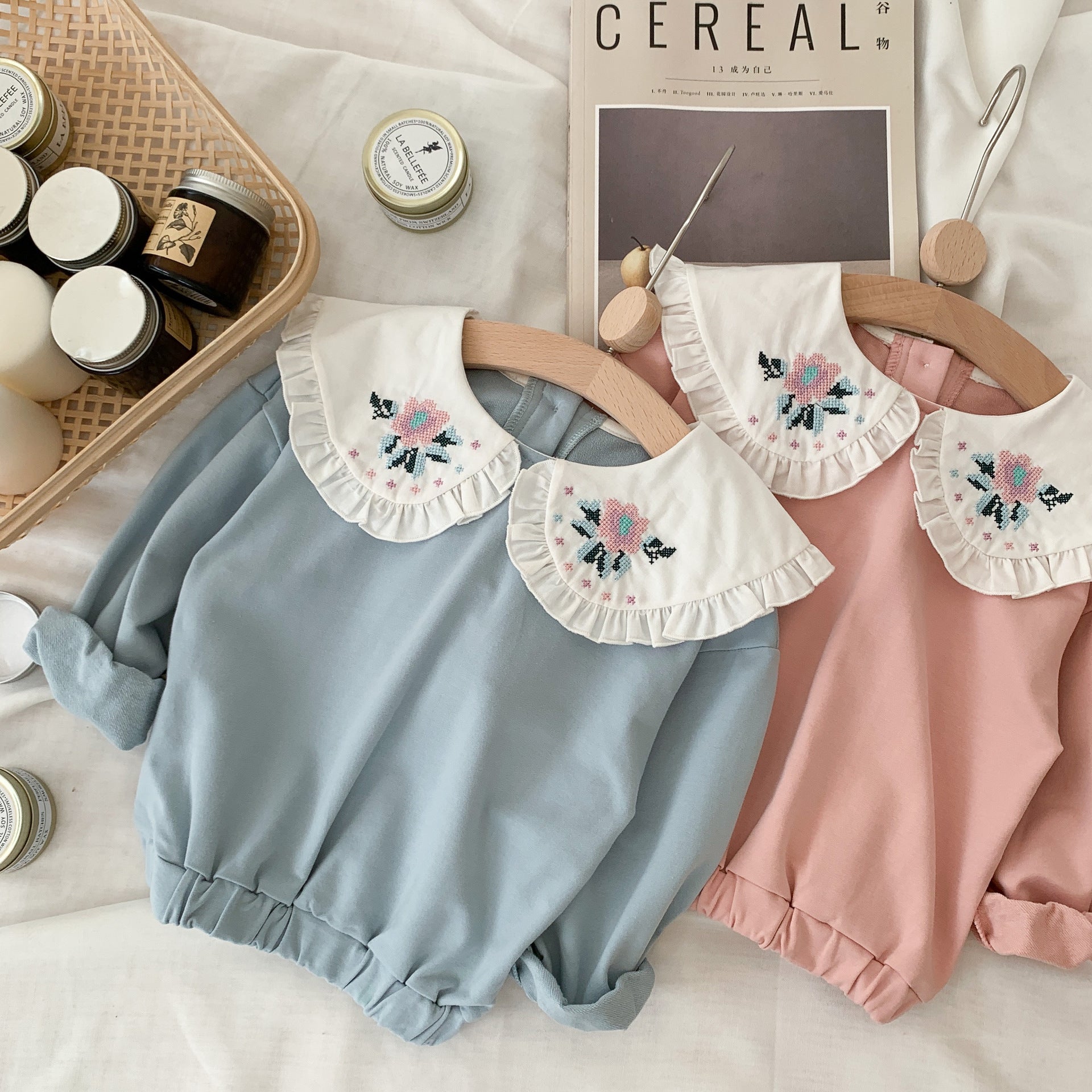 Baby Flower Embroidery Pattern Ruffle Doll Neck Long Sleeves Hoodies My Kids-USA