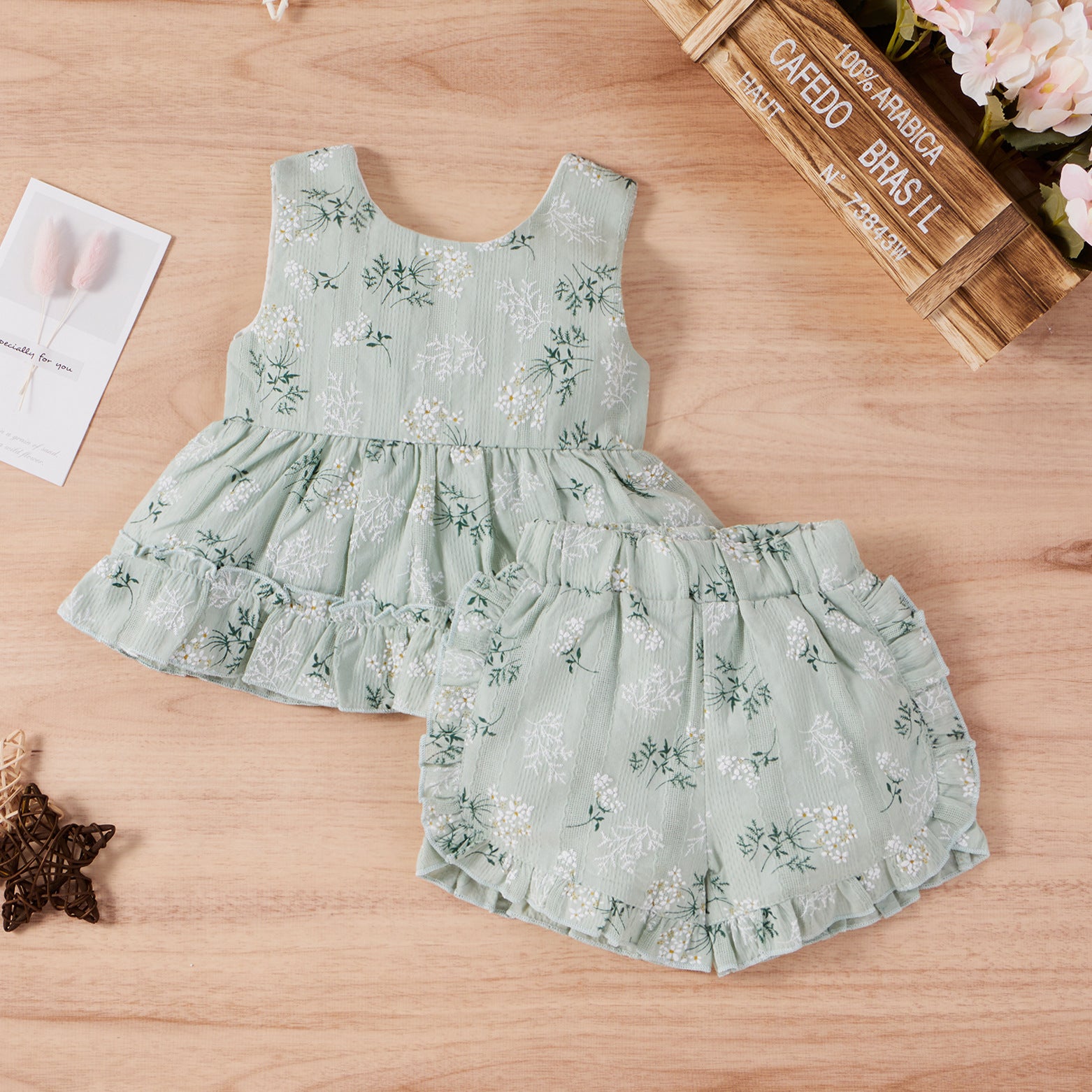 Baby Girl Floral Embroidered Pattern Ruffle Hem Design Sleeveless Tops Combo Shorts Sets My Kids-USA